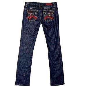 $$SOLD$$ Request Jeans Dark Blue Jeans with Red Stones Bling Size 28
